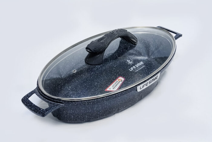non-stick fish pan 42cm - مقلاة سمك غير لاصقة 42 سم من لايف سمايل مع غطاء زجاجي