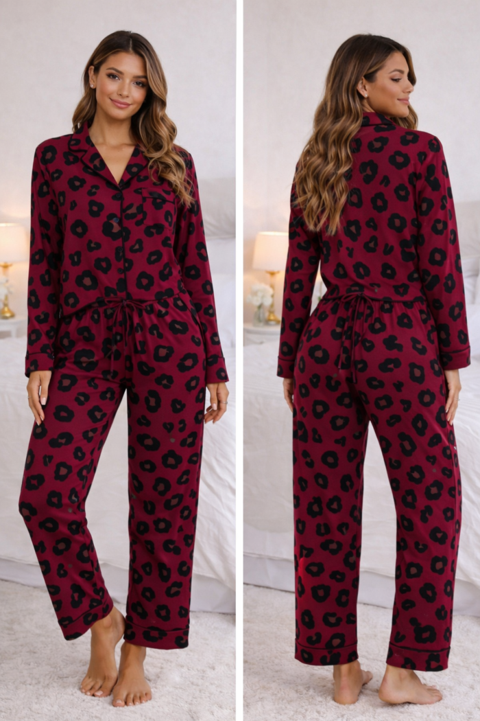burgundy leopard-print pajama set - Leopard-Print Pajama Burgundy -XL