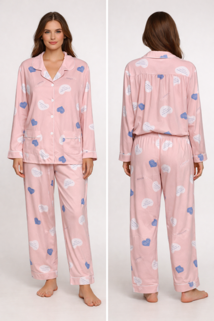pink heart print pajama set - مجموعة ملابس النوم مع طقم بيجاما أنيق بطبعة قلوب وردية