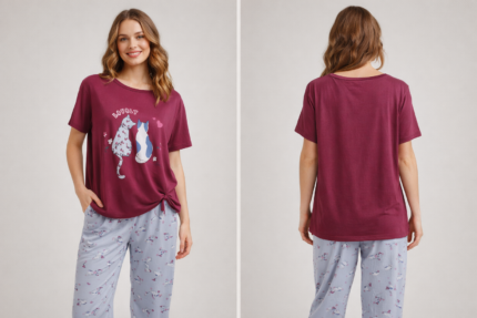 Cat Print Women's Pajama Set - طقم بيجامة نسائي من قطعتين بطبعة قطة