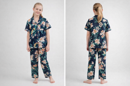 satin pajama set for girls - طقم بيجامة ساتان مزخرف للفتيات