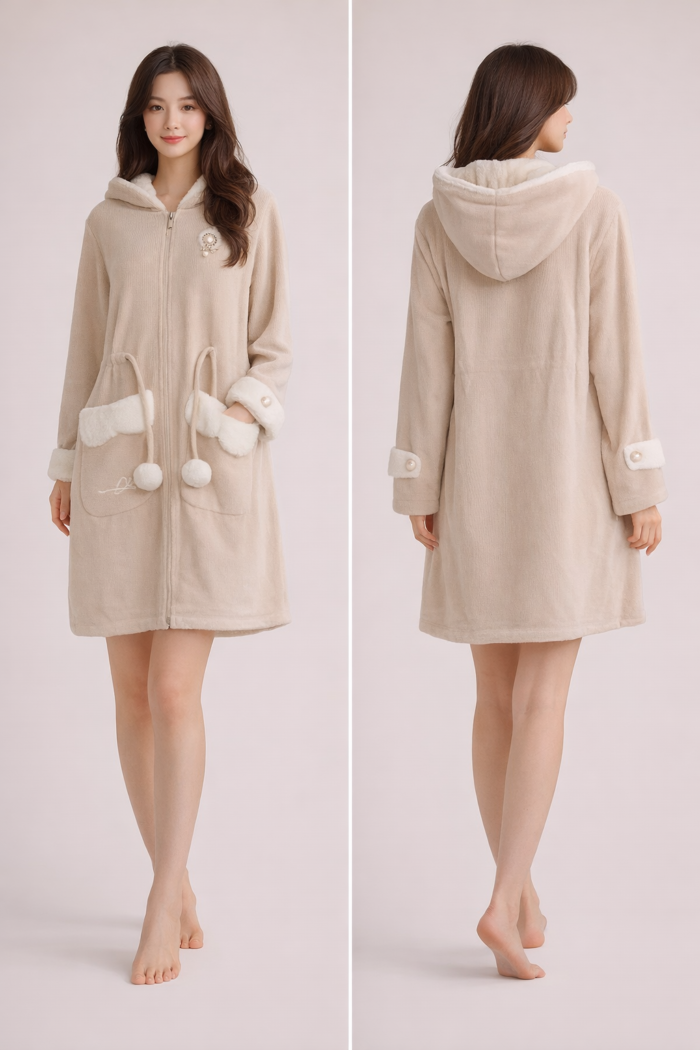 Beige Hooded Lounge Coat - elegant Beige Hooded Lounge Coat