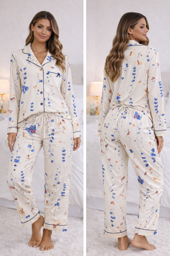 cream floral pajama set - Cream Floral Pajama Set -S