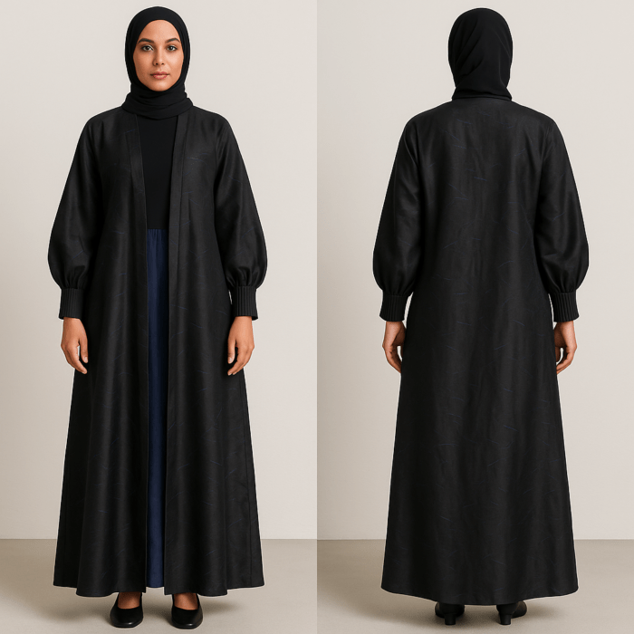 modern black and blue abaya - عباءة سوداء وزرقاء بتصميم حديث وعصري