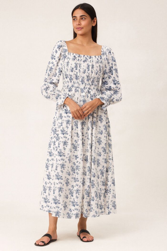 long sleeve maxi dress - فستان ماكسي طويل بأكمام طويلة مزين بالأبيض والأزرق