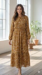 yellow maxi dress for women - فستان ماكسي طويل ومتدفق باللون الأصفر أو لون الخردل