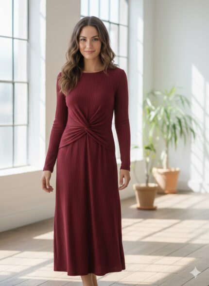 burgundy long sleeve maxi dress - فستان ماكسي بأكمام طويلة ومجعد بلون بورغندي