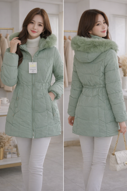 women's hooded puffer coat - Women’s Hooded Puffer Winter Coat with Faux Fur – Sage Green