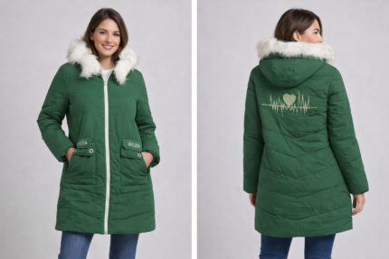 green padded winter coat - Women’s Green Padded Winter Coat with Faux Fur Hood