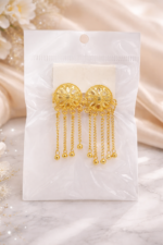 gold-tone chandelier earrings - Elegant gold-tone chandelier earrings with floral filigree design and dangling chains