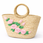 Woven Straw Handbag - Woven Straw Handbag-Pink Floral