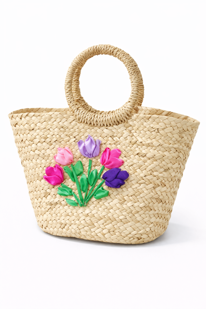handwoven straw bag - حقيبة يد من القش المنسوج - مزخرفة بالأزهار