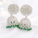silver jumka earrings - أقراط جومكا بتصميم فضي مع كريستالات وخرز أخضر