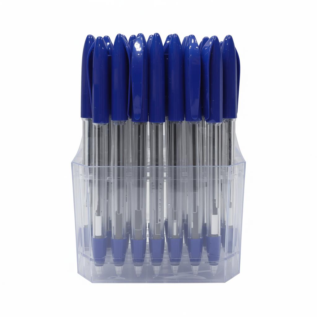 Desktop Acrylic Display Stand with Blue Ballpoint Pens 50pcs حامل عرض أكريليك مكتبي - حامل عرض أكريليك مكتبي مع 50 قلم حبر أزرق