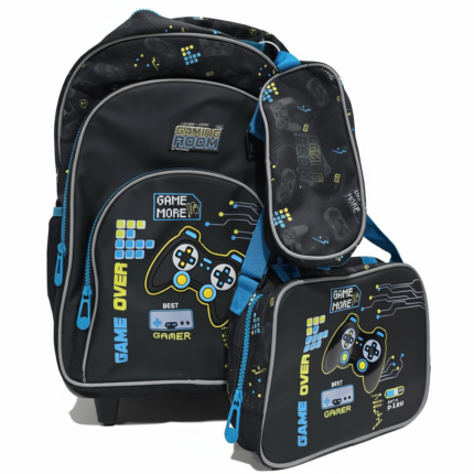 Black Game Design Backpack Set - طقم حقيبة ظهر سوداء بتصميم ألعاب